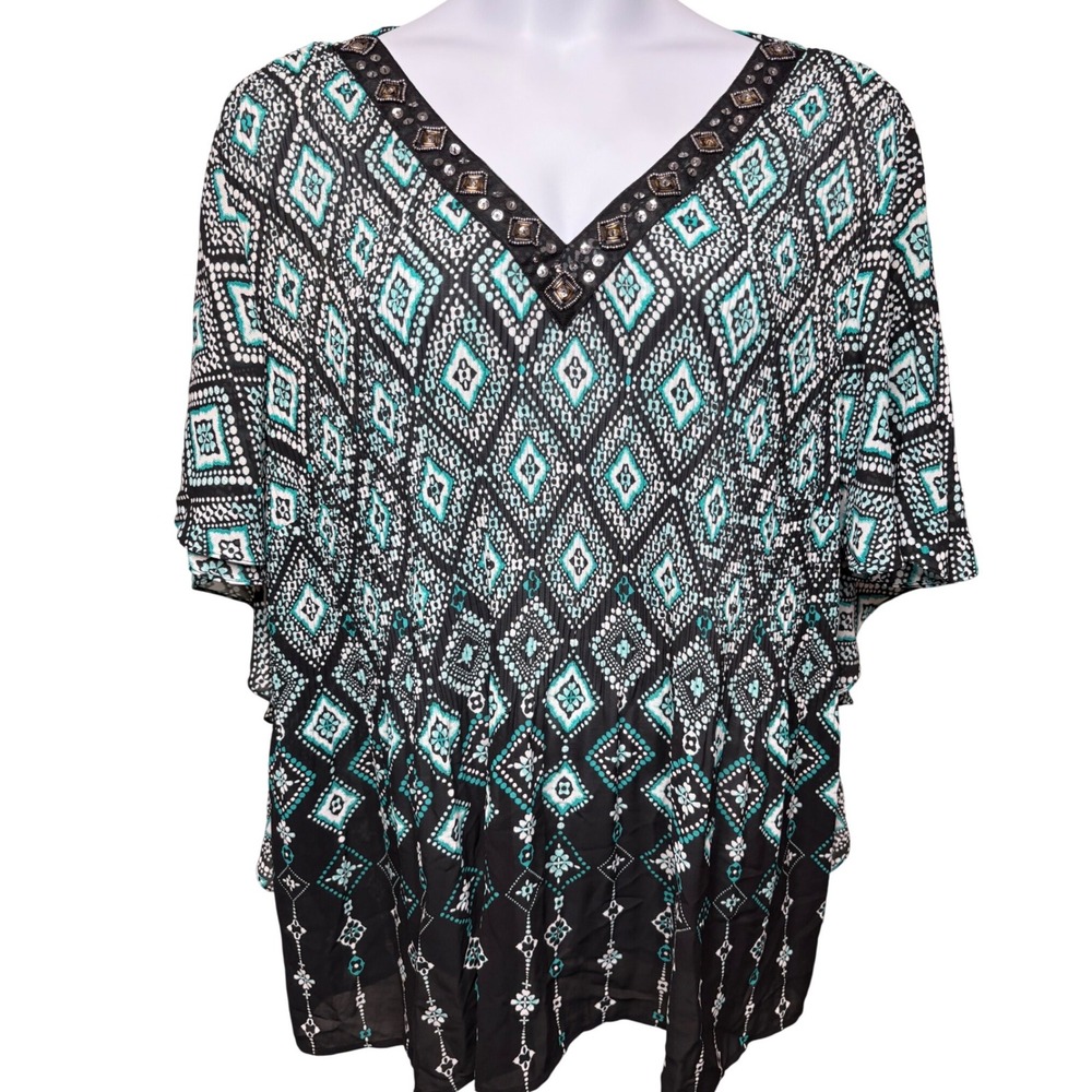 CATHERINES Womens Black Teal Embellished Geometric Poncho Top 2X Boho Flowy Chic